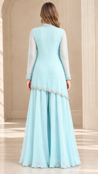 Sky Blue long sleeve formal tunic and palazzo trousers back view