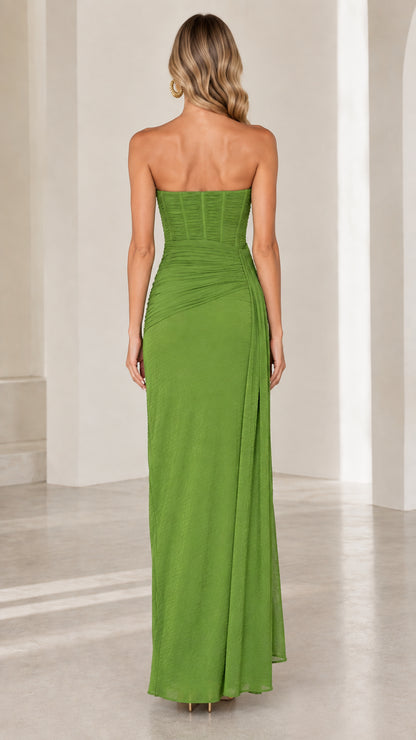 Back view of olive green strapless corset maxi dress
