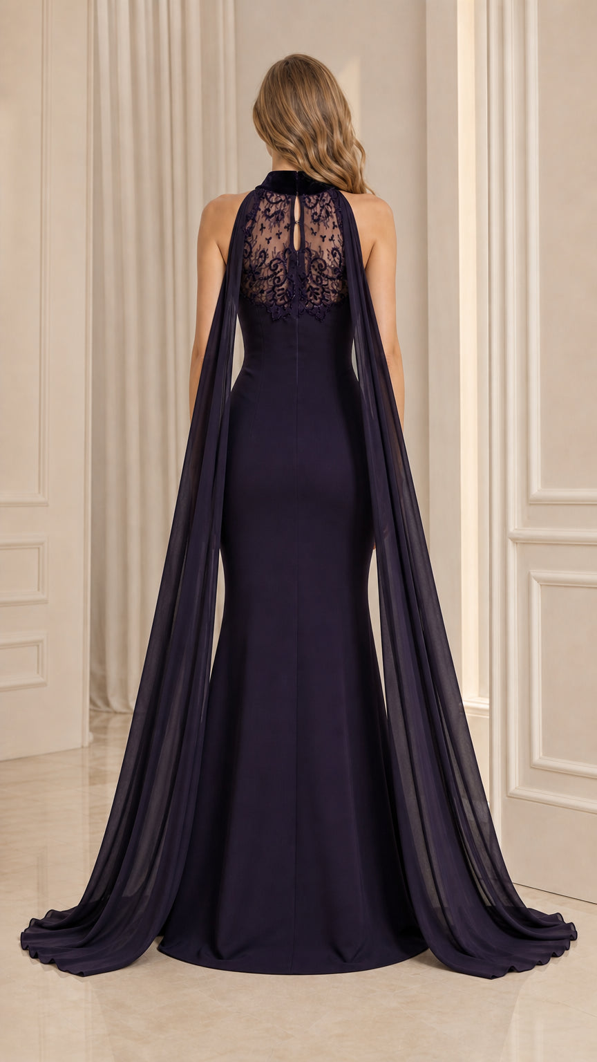 Back view of Deep Plum cape evening gown highlighting sheer embroidered illusion back