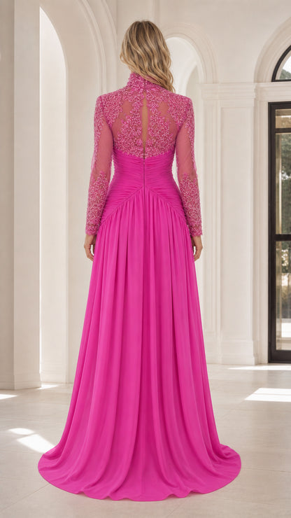 Back view of fuchsia pink evening gown featuring illusion mesh back and cascading skirt