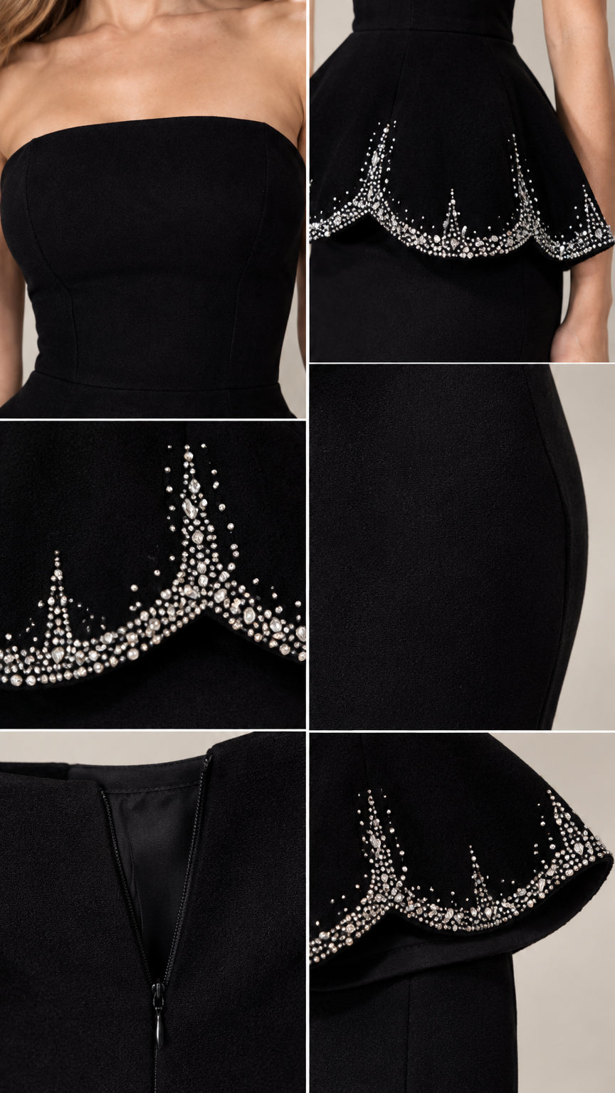 Close-up details of rhinestone-trimmed scalloped peplum waist and back zipper