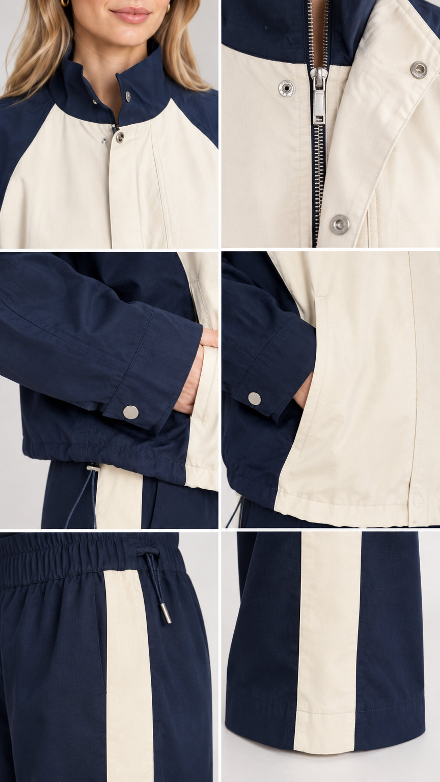 Close-up details of collar, zipper placket, snap cuff, and side stripe hem