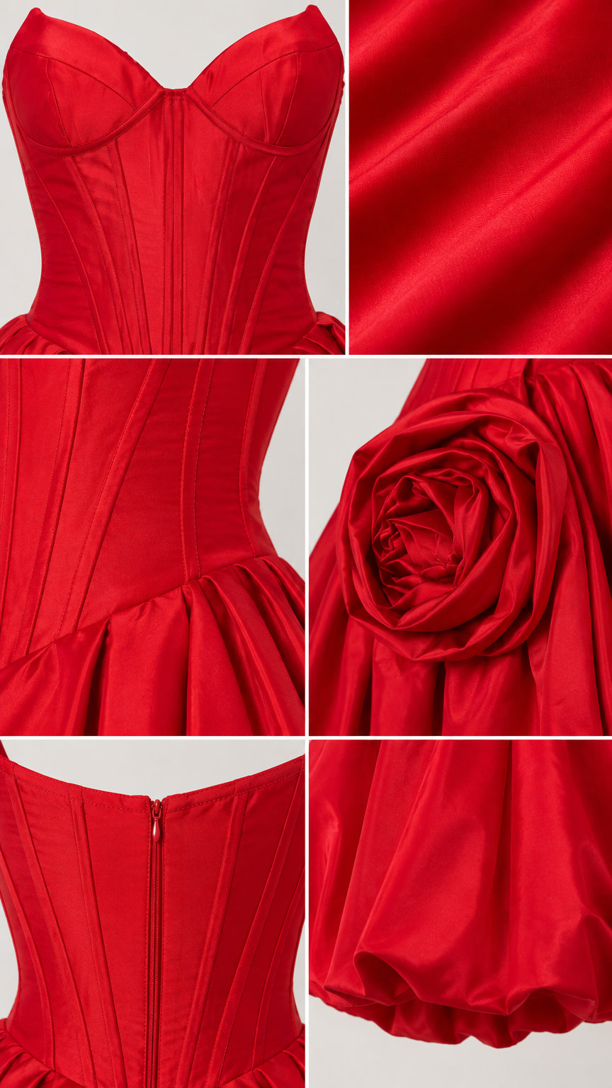 Close-up details of red dress sweetheart neckline, boned bodice, and 3D floral rosette