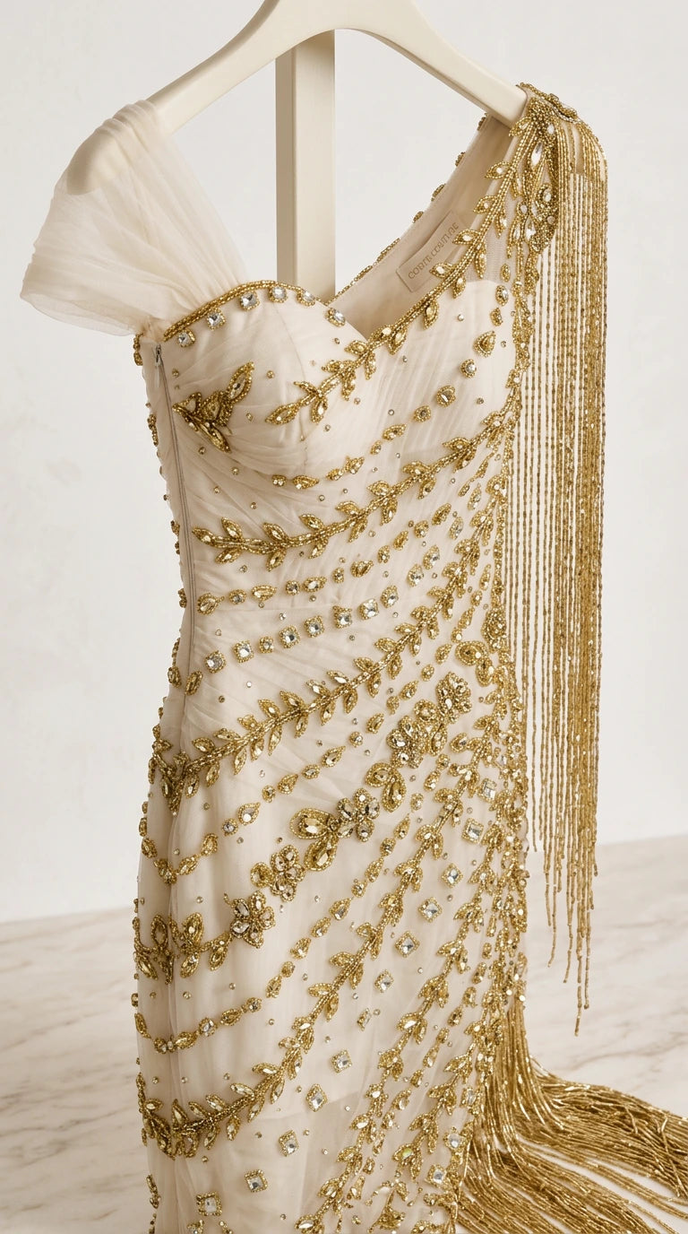 Close-up detail of neckline, leaf-patterned beadwork, and sparkling shoulder fringe