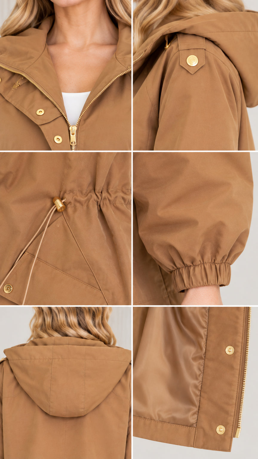 Close-up details of gold snap buttons, zipper, drawstring toggle, and elastic cuff on camel jacket