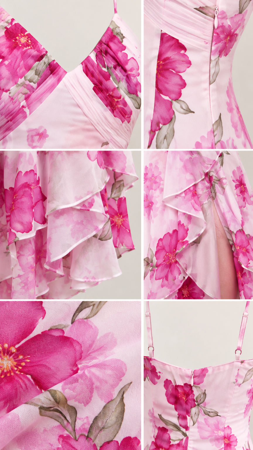 Detail view of neckline pleats, ruffle hems, and floral fabric print