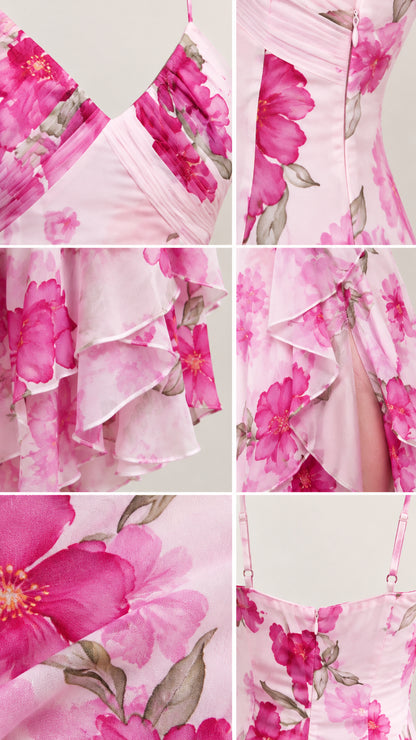 Detail view of neckline pleats, ruffle hems, and floral fabric print