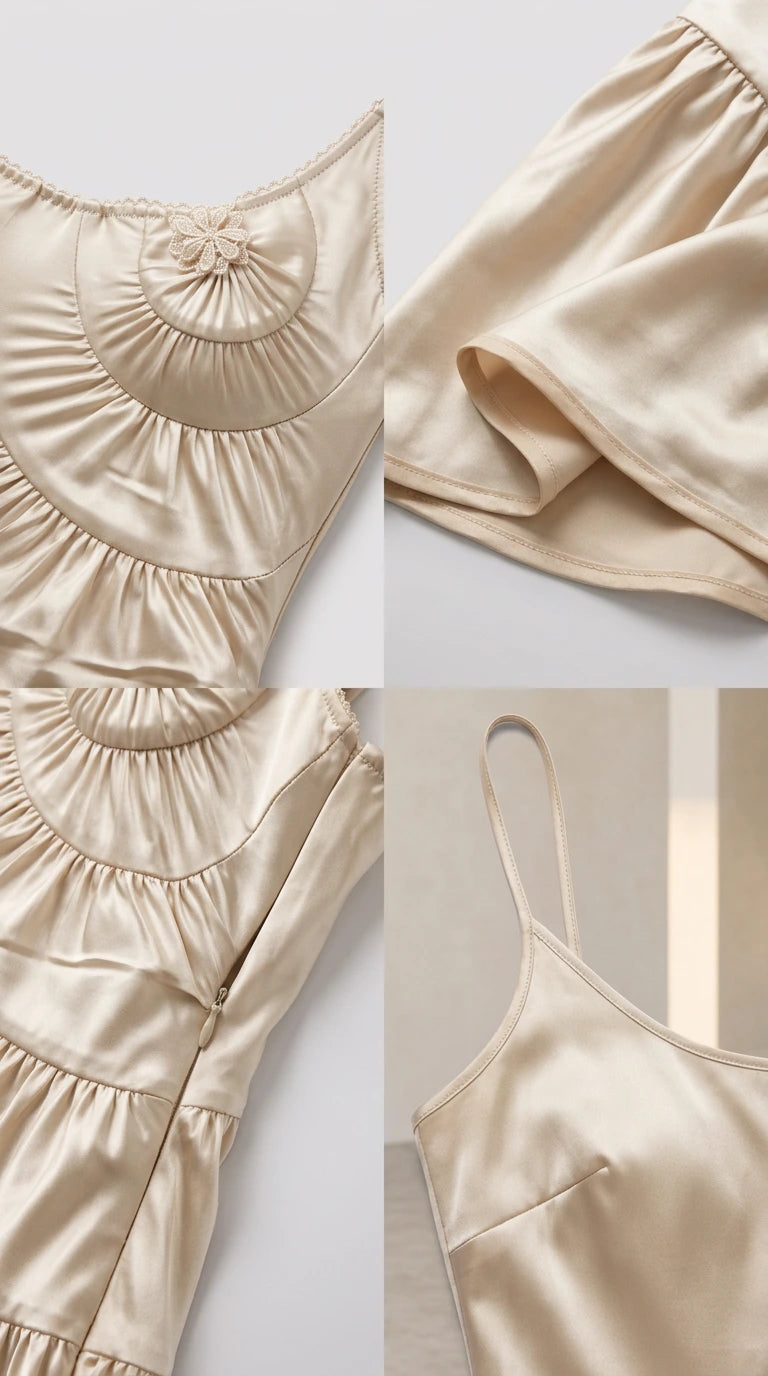 Close-up details of Champagne satin dress showing floral bust accent and side zipper