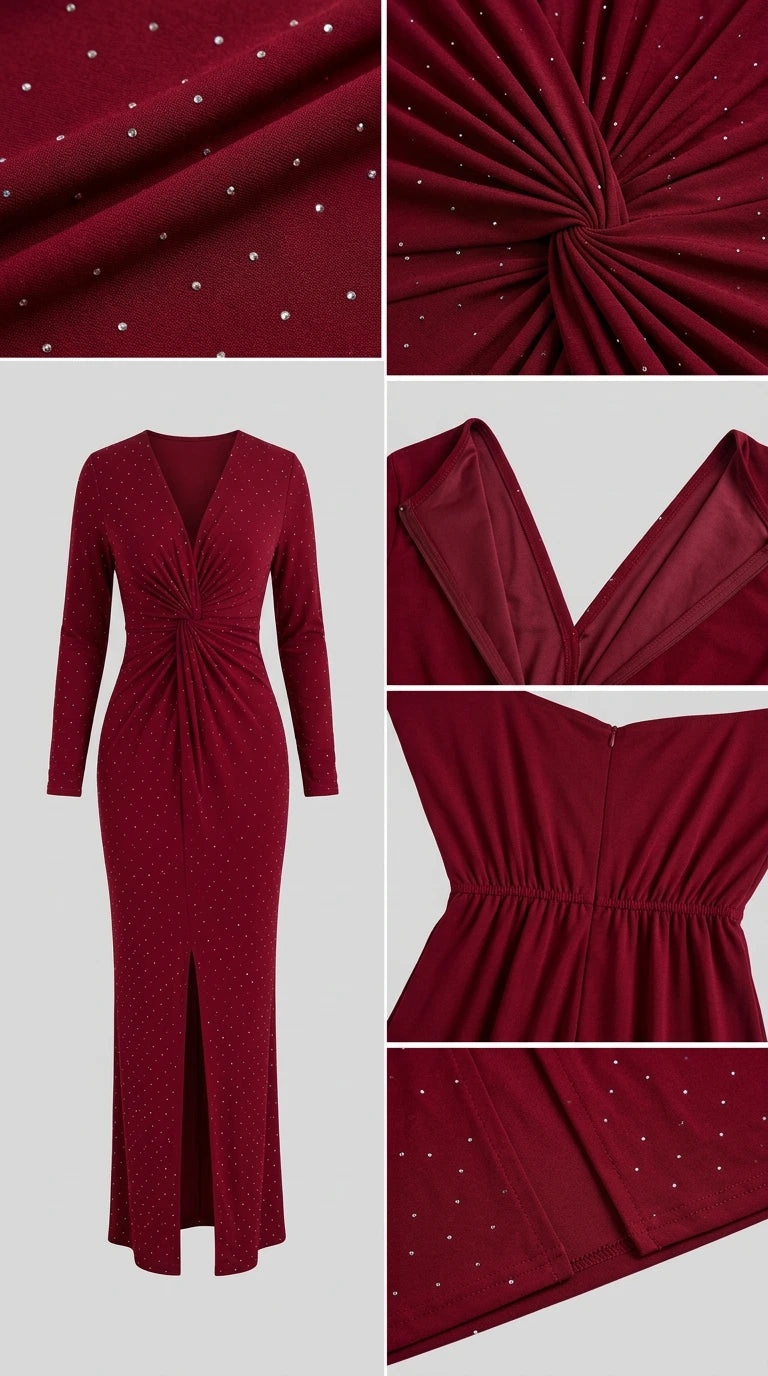 Detailed close-ups of rhinestone fabric, twist knot, V-neck, and stitching