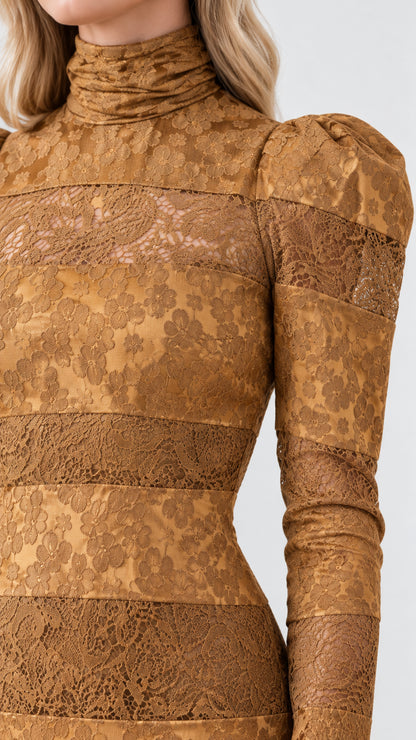 Close-up detail of Mustard Brown floral lace high neck collar and puff sleeve design