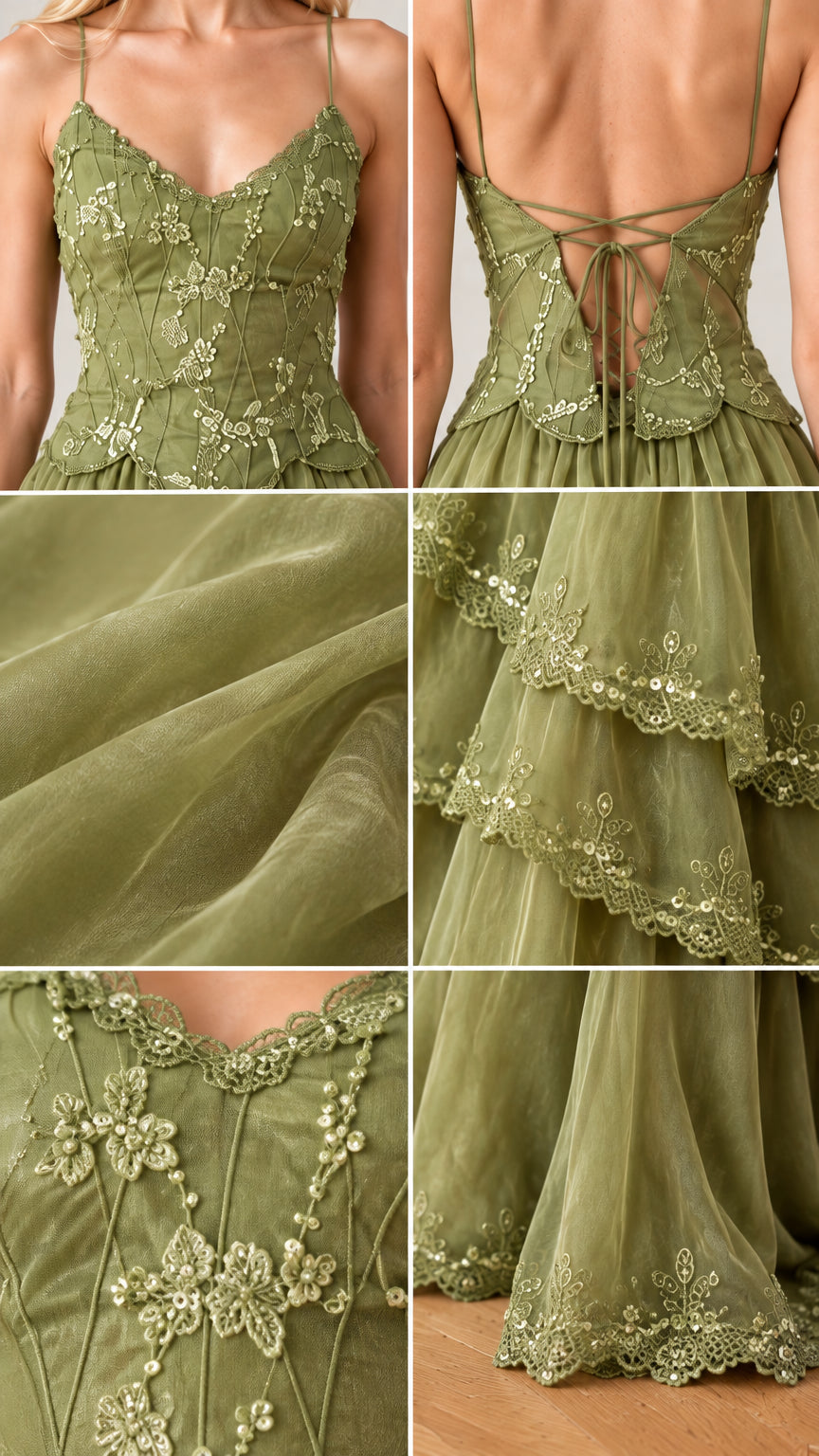 Close-up details of floral embroidery, scalloped tiers, and lace-up back