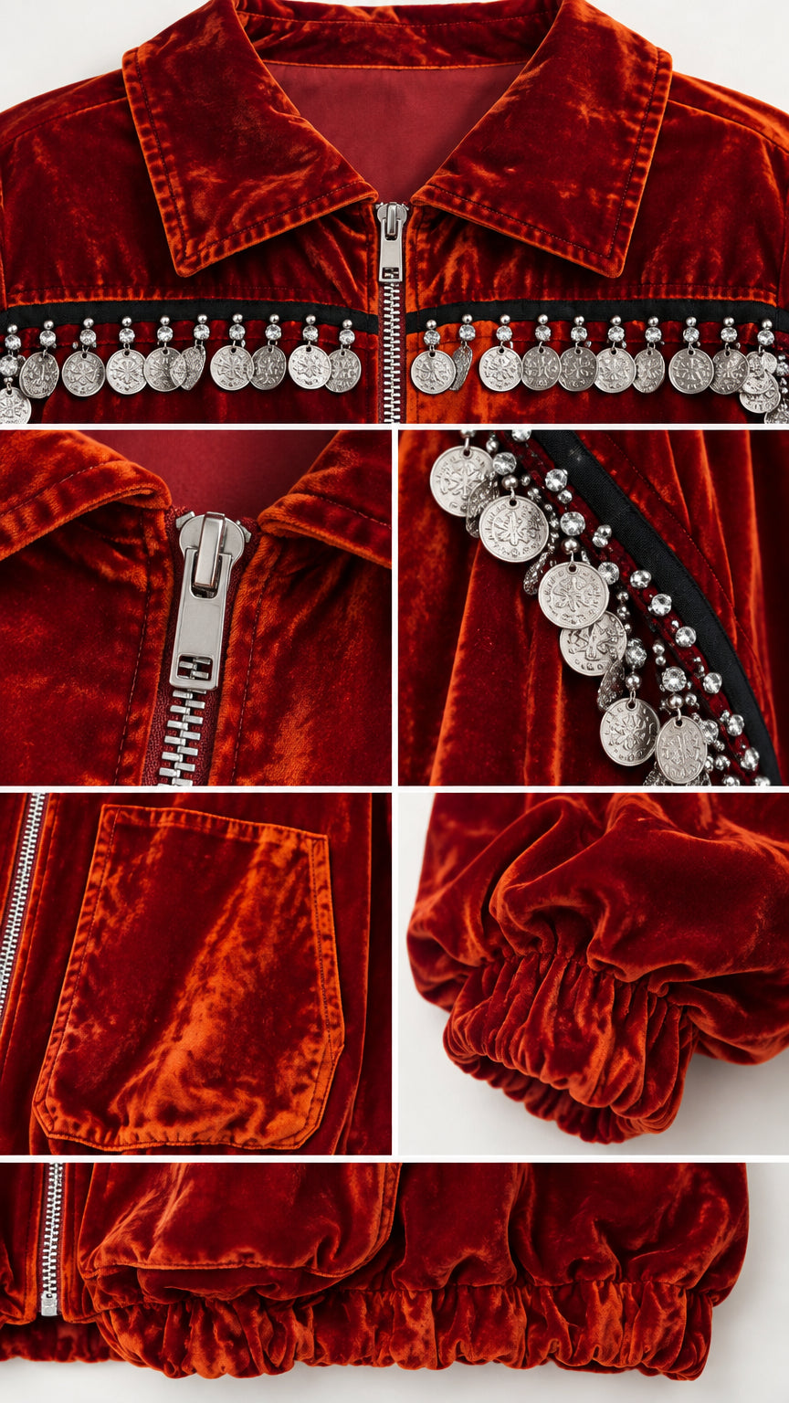 Close-up details of rust velvet fabric, zipper, coin tassels, pocket, and elastic cuff