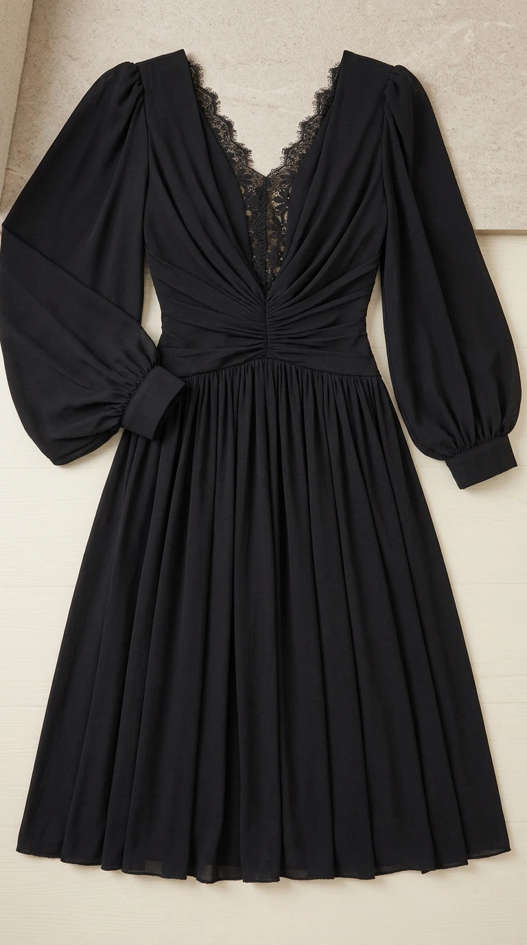 Flat lay view of black lace V-neck long sleeve maxi dress
