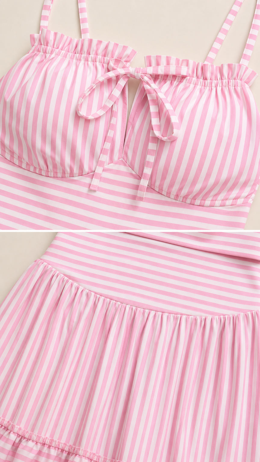 Close-up detail of ruffled tie-front cami neckline and striped tiered skirt hem