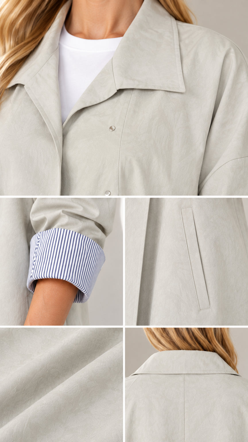 Close-up details of collar, contrast pinstripe cuff, fabric texture, and back neckline