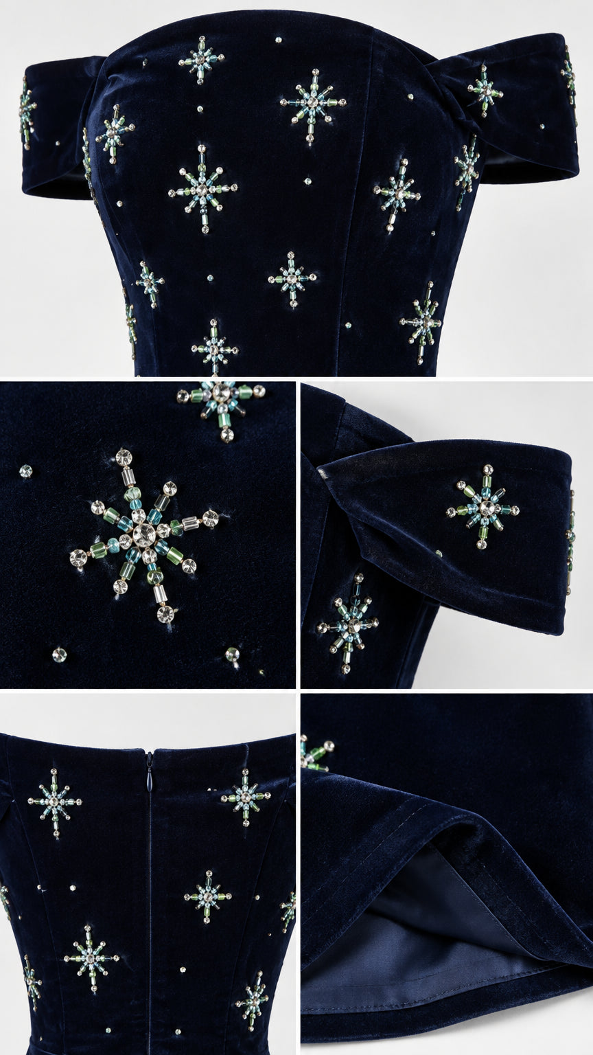 Close-up details of crystal starburst beadwork, neckline, and inner lining on navy blue velvet dress