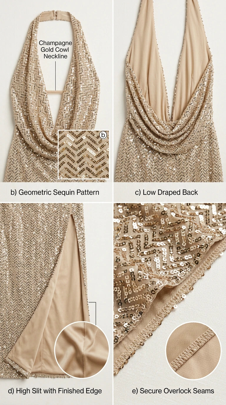 Detail view of sequin embroidery, cowl neckline, back drape, and slit hem
