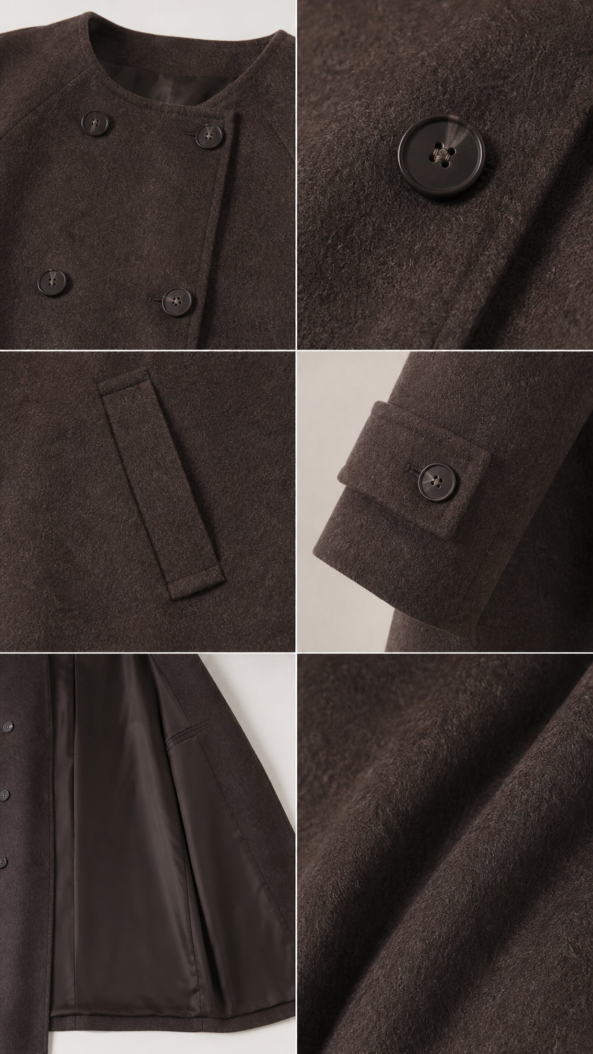 Close-up detail collage showing buttons, fabric texture, cuff tabs, and inner lining