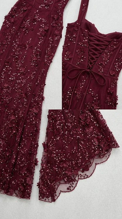 Close-up details of 3D floral appliqués, sequins, scalloped hem, and corset tie back