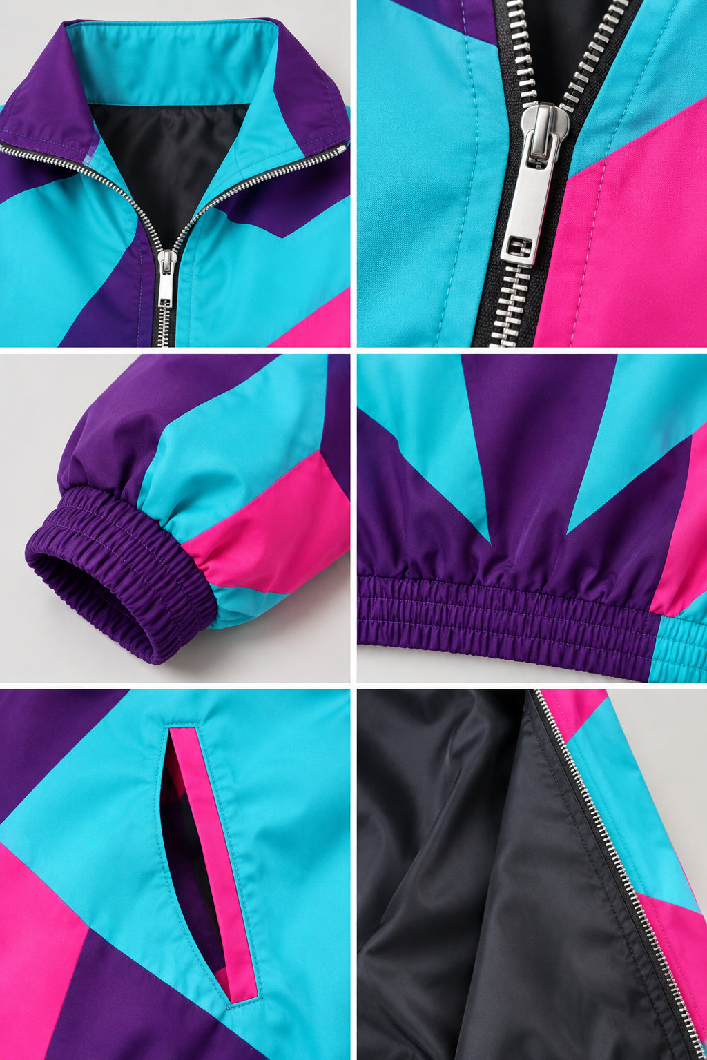 Detailed close-ups of zipper closure, stand collar, elastic cuffs, elastic hem, and side pockets