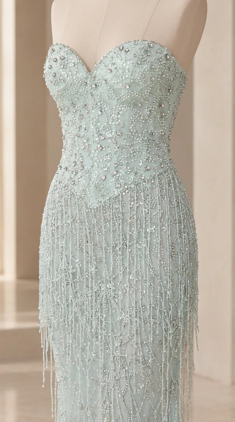 Close-up detail of mint green sweetheart bodice with intricate beading and fringe