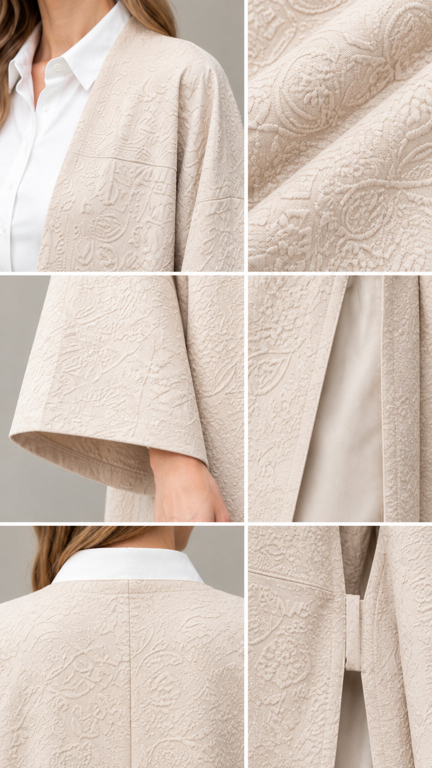 Close-up details of beige embossed jacquard pattern, sleeve cuff, and open neckline