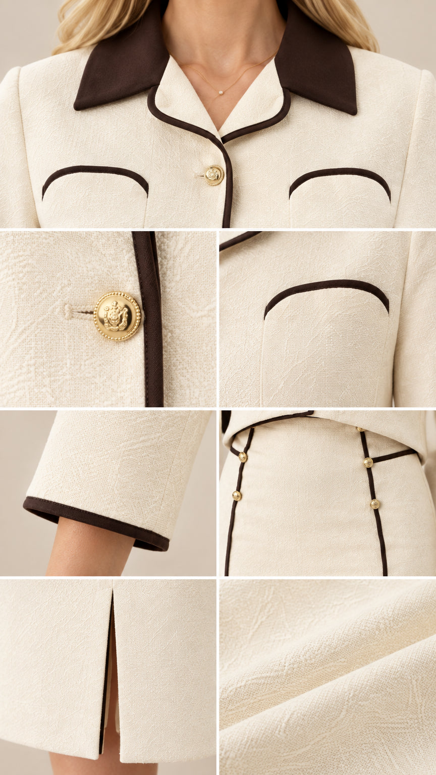 Close-up details of gold crest buttons, contrast lapel, sleeve trim, and textured fabric