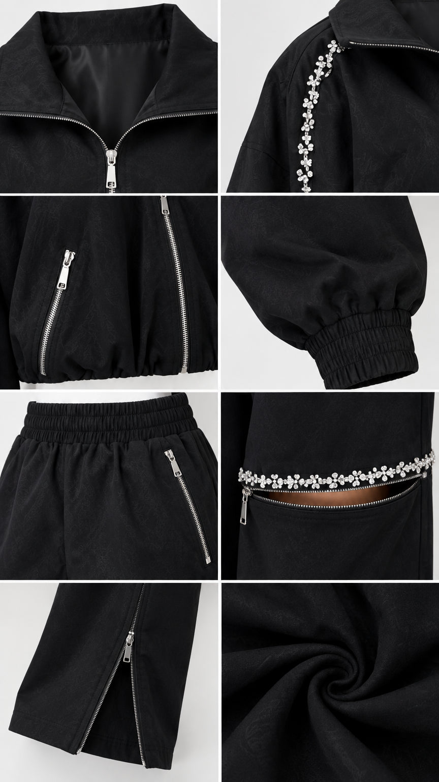 Close-up details of rhinestone trim, metal zippers, elastic cuffs, and cut-out knee design