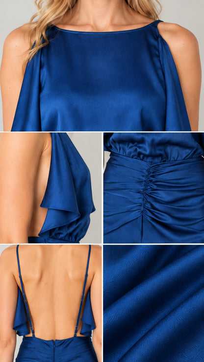 Close-up details of royal blue gown neckline, flutter overlay, ruched waist, and satin texture