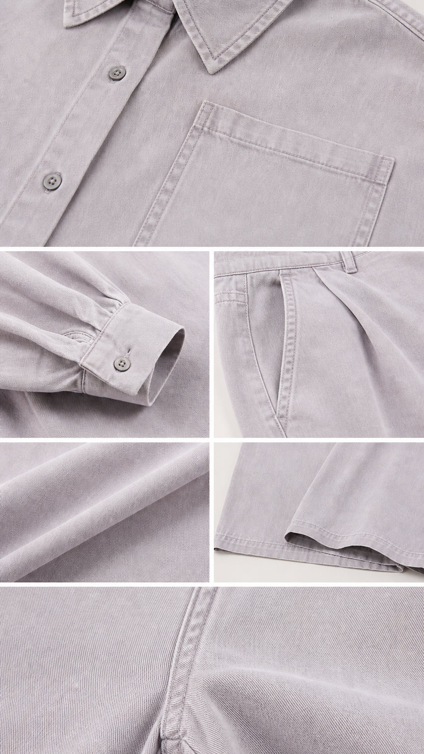 Close-up detail collage showing collar, chest pocket, sleeve cuff, pleats, and fabric texture