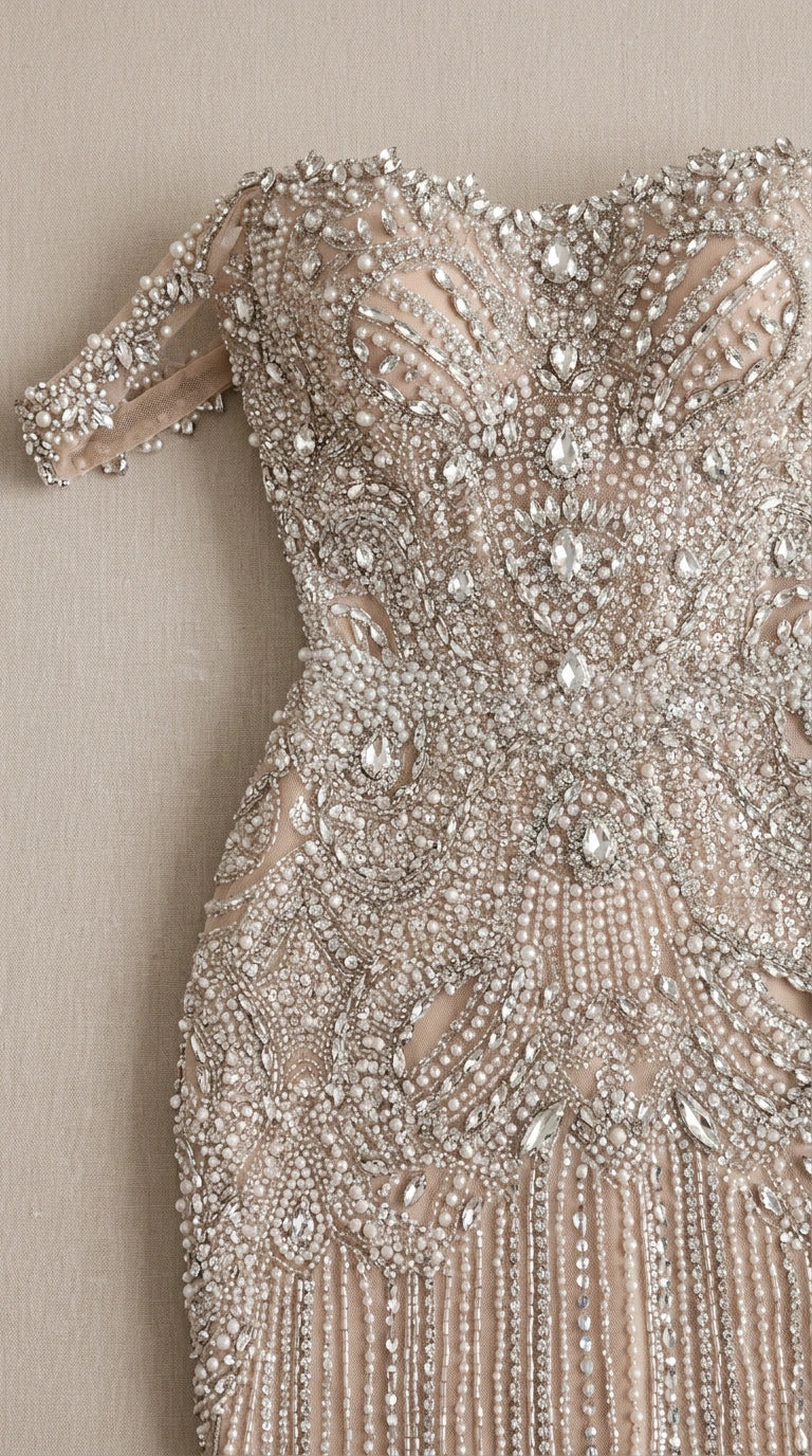 Close-up detail of intricate crystal and rhinestone embellishments on sweetheart bodice