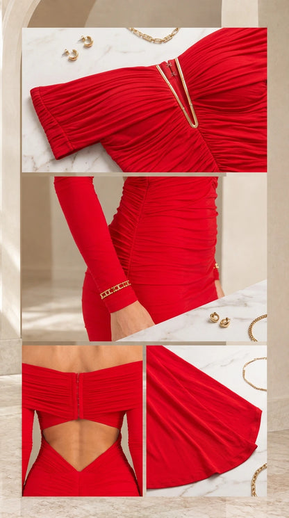 Close-up details of neckline V-wire, ruched sleeves, and open back design