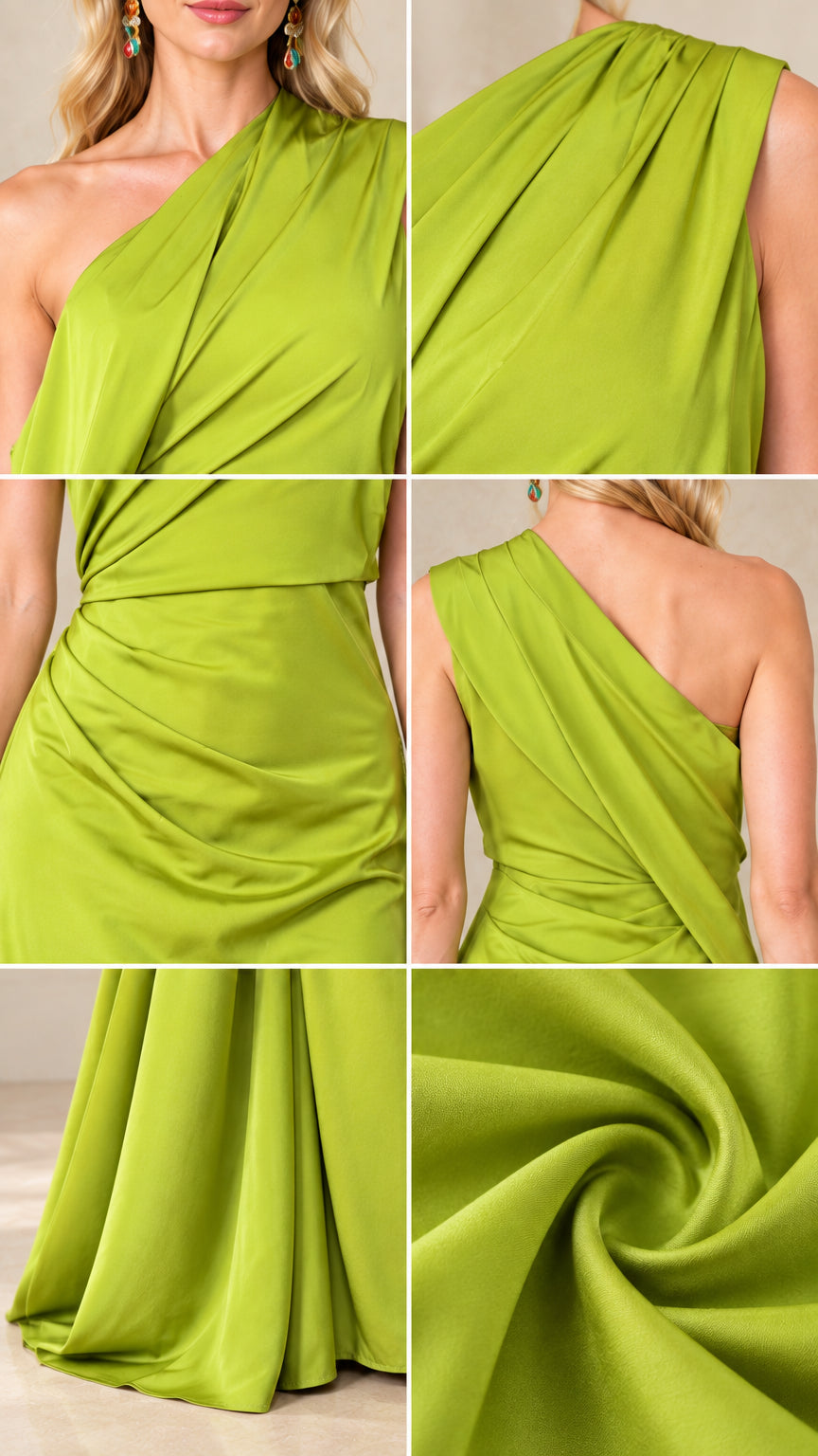 Close-up detail collage showing fabric texture, draped shoulder, and ruched waist on Lime Green gown