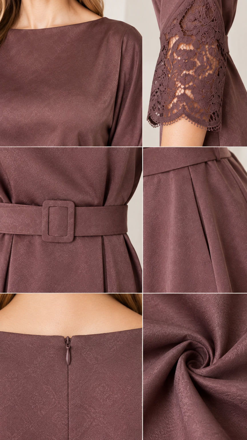 Detailed close-ups of boat neckline, lace sleeve cuffs, waist belt, and fabric texture