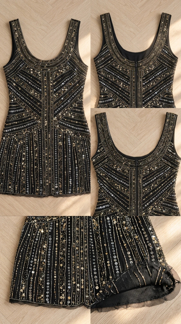 Detailed flat lay shots of black sequin embellishments and craftsmanship