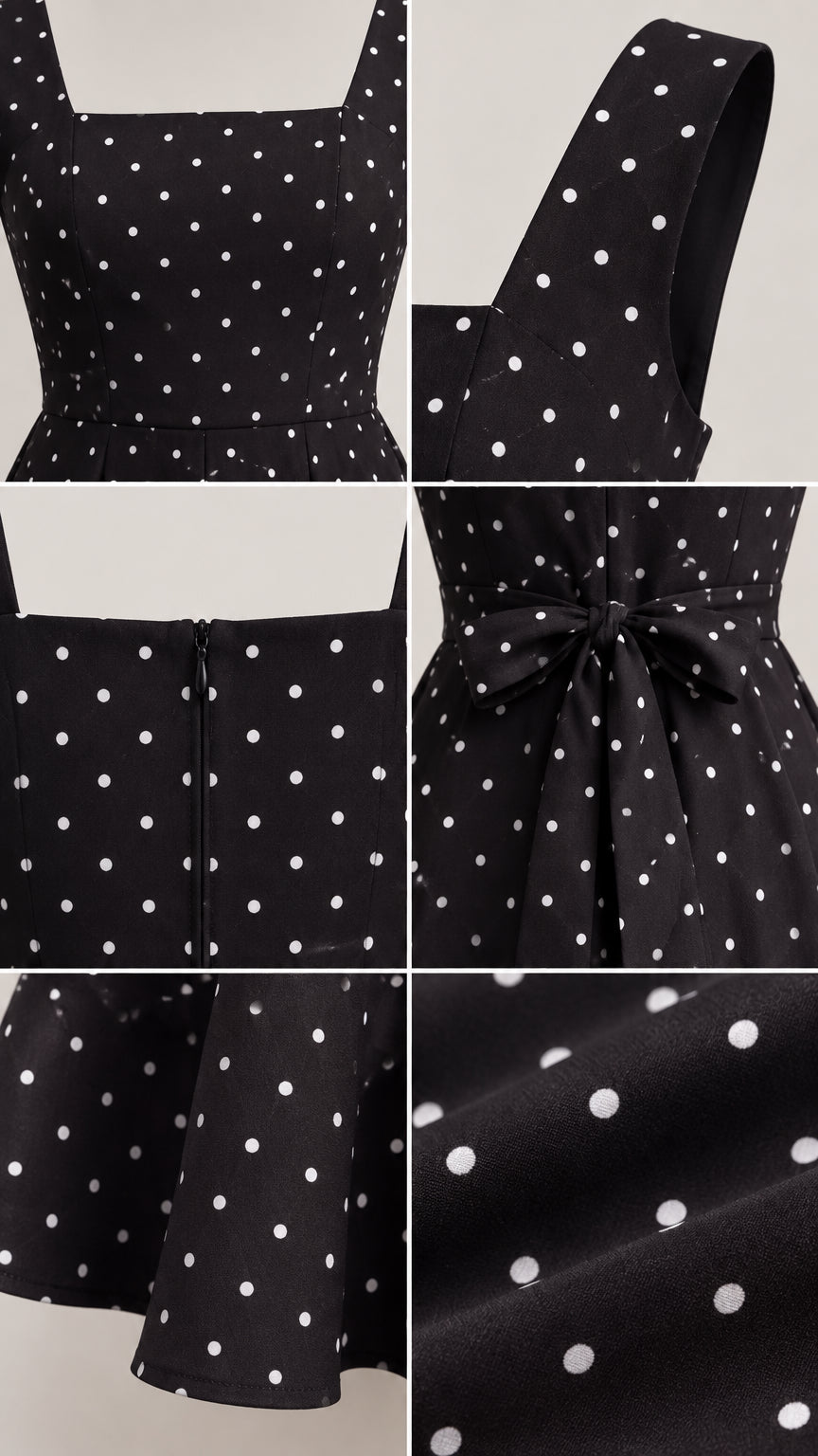 Close-up details of square neckline, wide straps, back zipper, and polka dot fabric