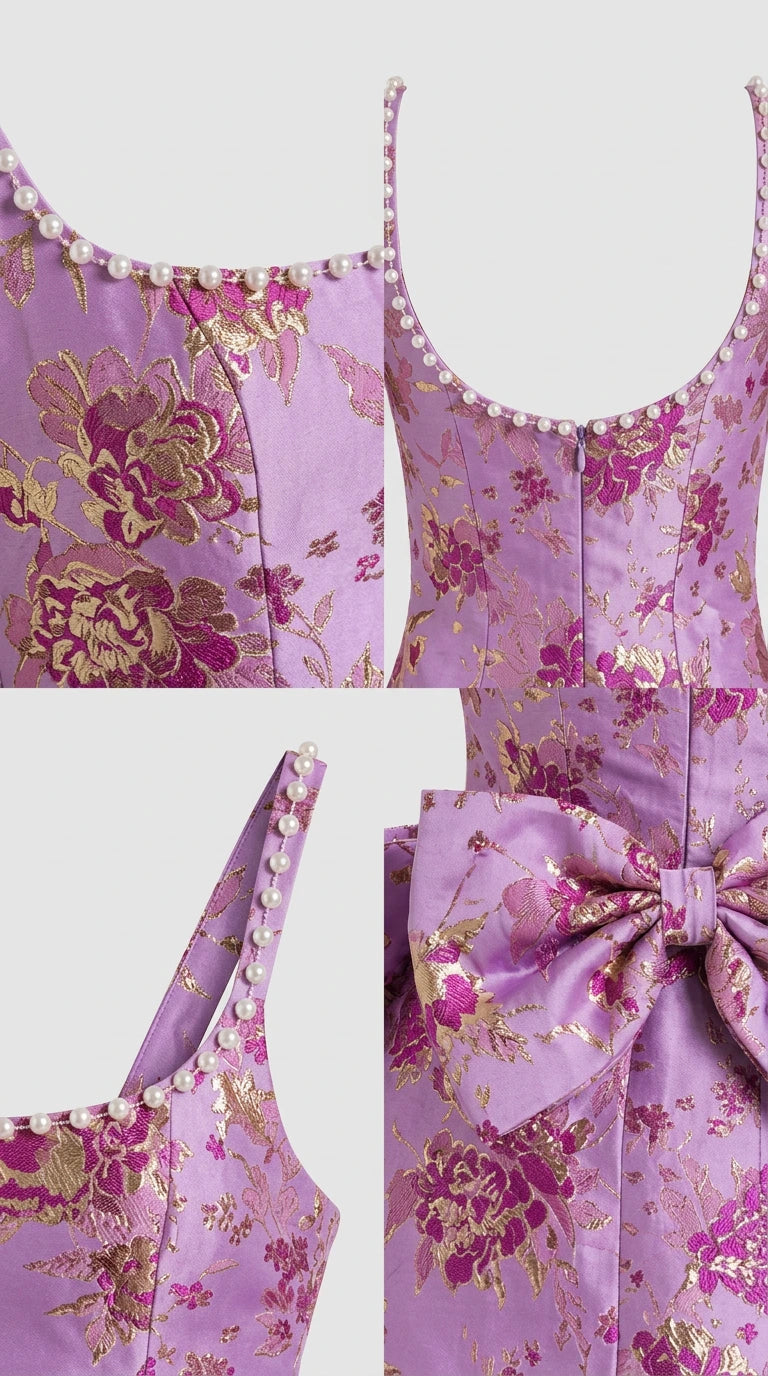 Close-up details of pearl beading, floral jacquard weave, back zipper, and bow accent