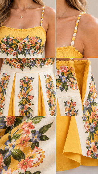 Close-up details of daisy straps, floral bodice, side zipper, and pleated fabric