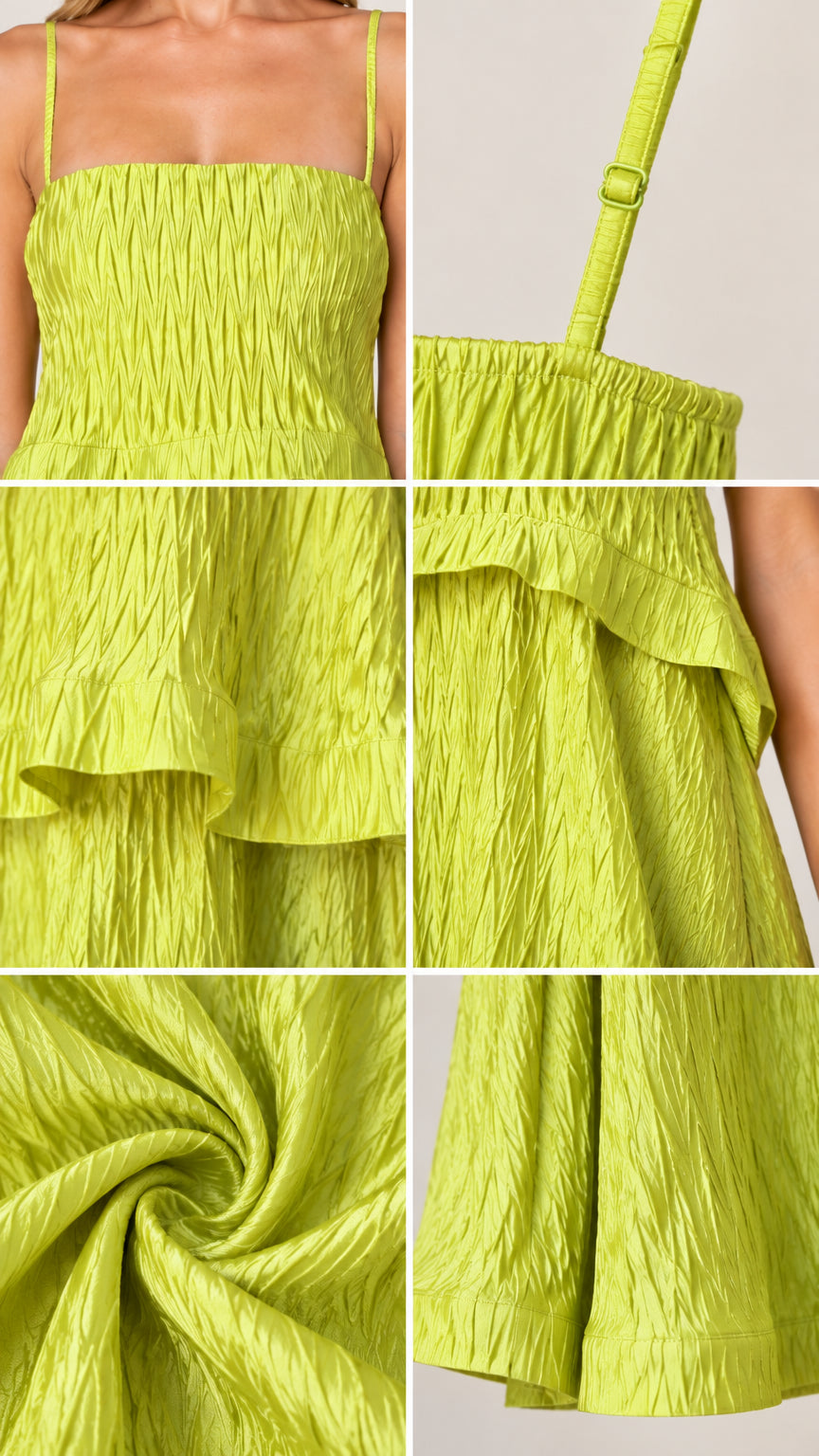 Detailed close-ups of chartreuse crinkle texture, shirred bodice, strap hardware, and hem