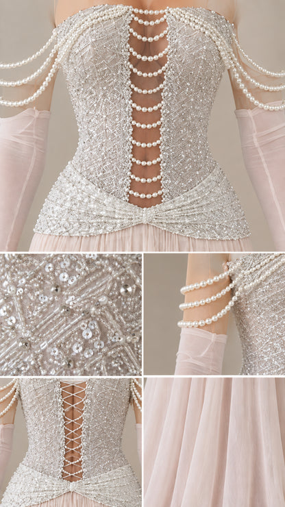Close-up detail shots of beaded sequin embroidery, pearl strands, and lace-up back