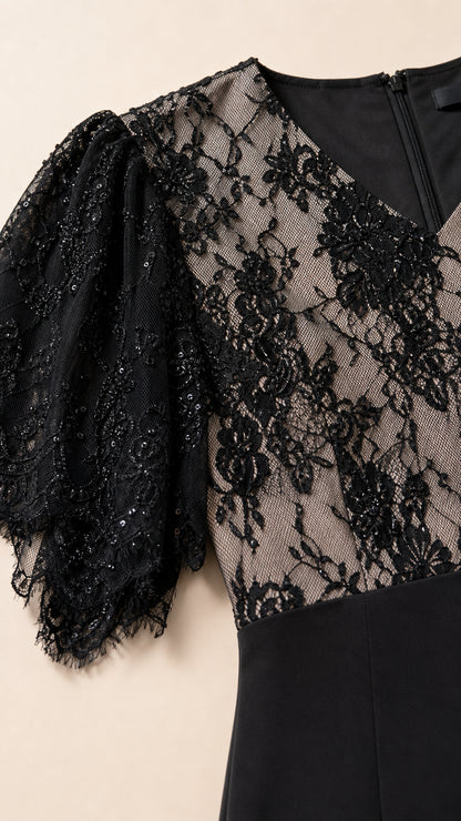 Close-up detail of black embroidered floral lace bodice and sequined flutter sleeve