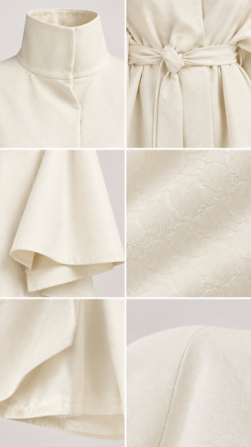 Close-up details of collar, belt tie, and fabric texture of cape set