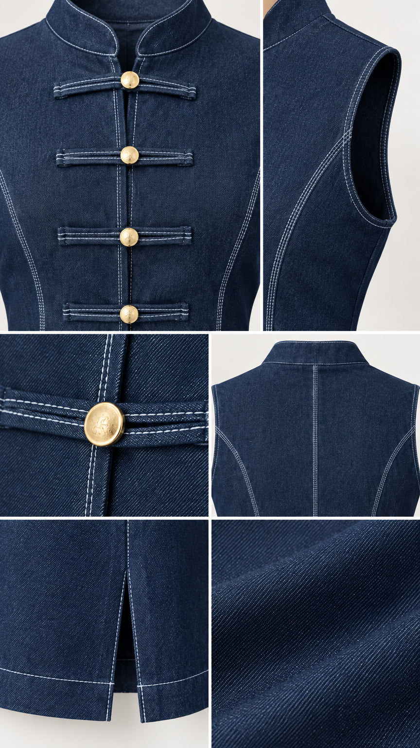 Detailed close-ups of dark blue twill fabric, mandarin collar, frog loop buttons, and stitching