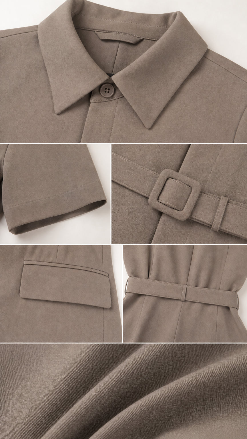 Close-up of the jumpsuit collar, sleeve, belt buckle, pocket, and woven texture
