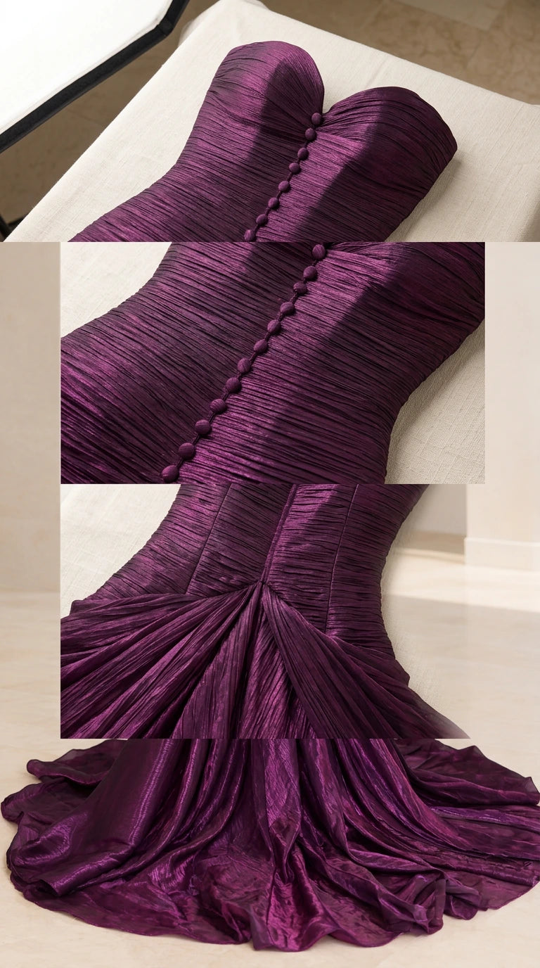 Close-up detail collage showing sweetheart neckline, covered buttons, and pleated train fabric