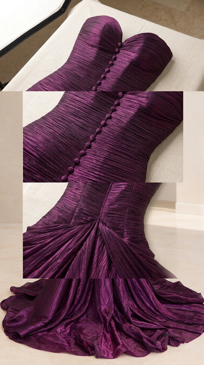 Close-up detail collage showing sweetheart neckline, covered buttons, and pleated train fabric