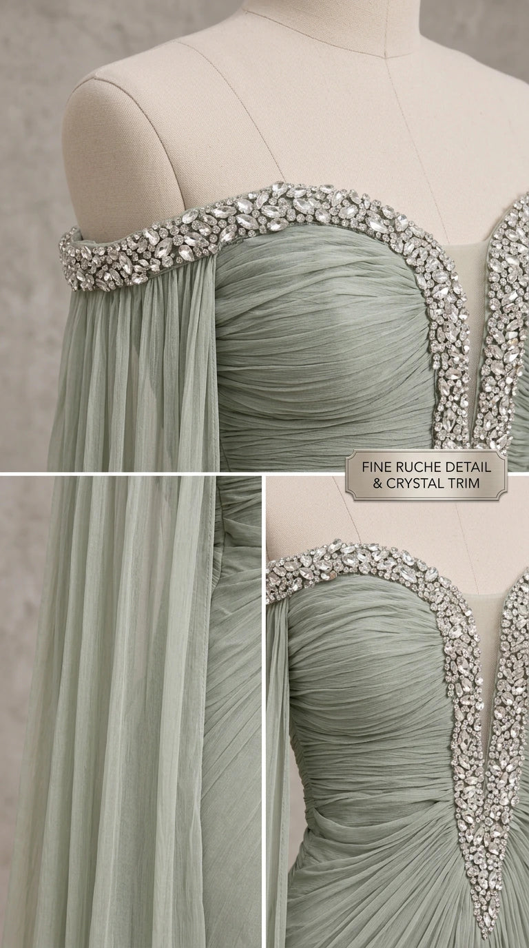Close-up detail of crystal bead embellishment and fine ruched bodice