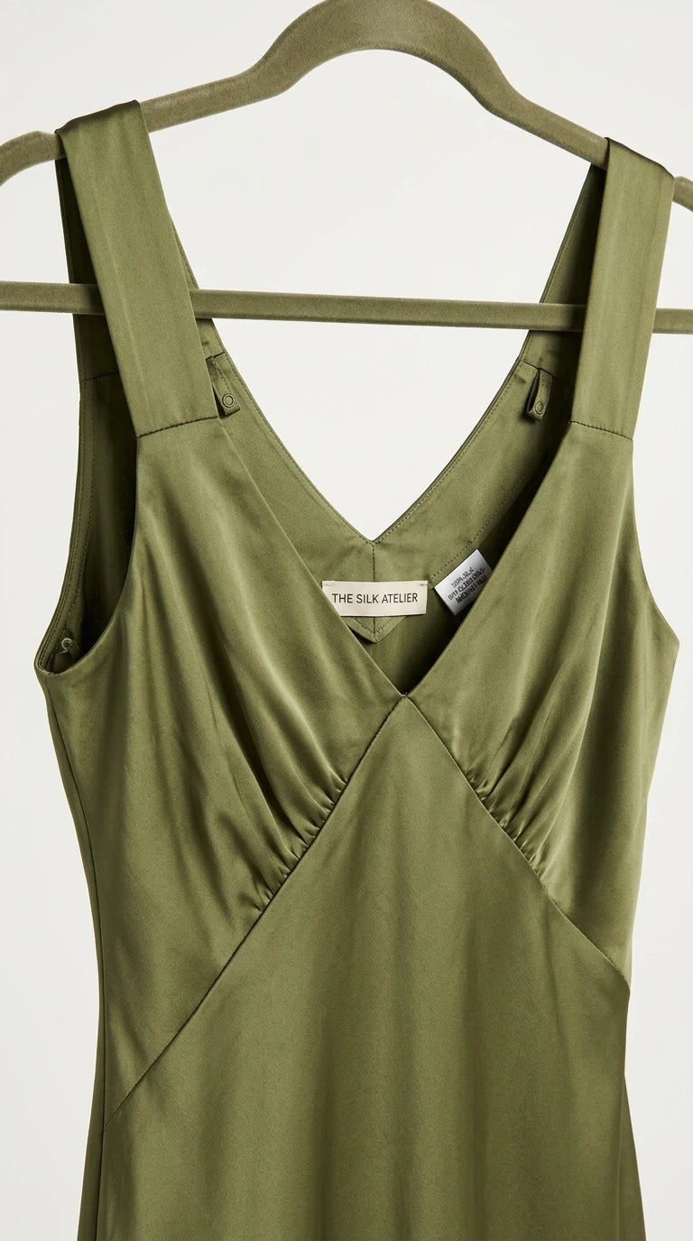 Close-up detail of gathered V-neckline on olive green satin slip dress