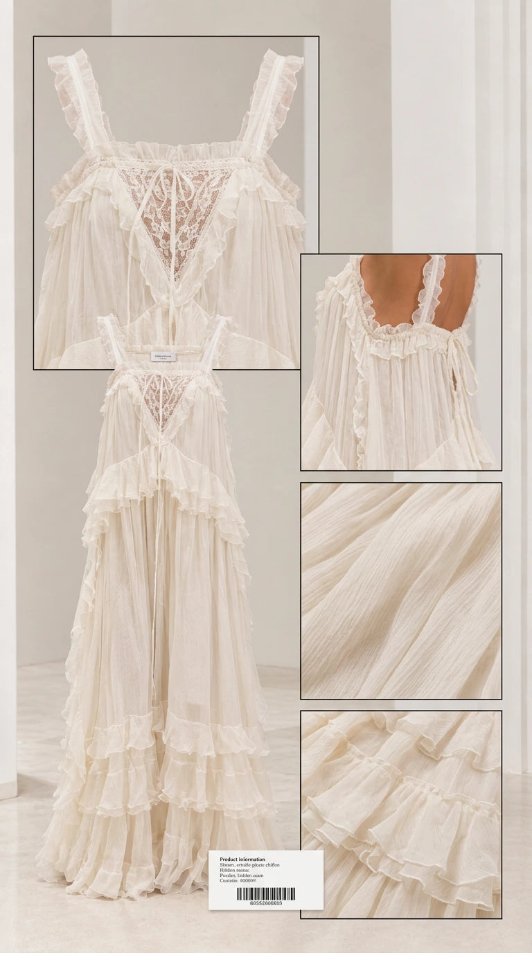 Flat lay and detail close-up of ivory lace bodice and ruffled chiffon fabric