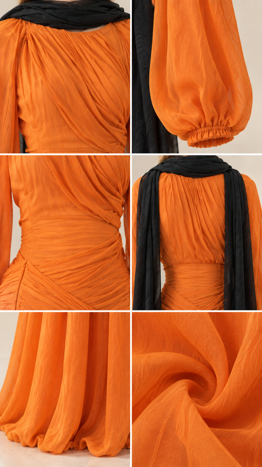 Detailed close-ups of ruched bodice, cuff, and lightweight textured chiffon fabric